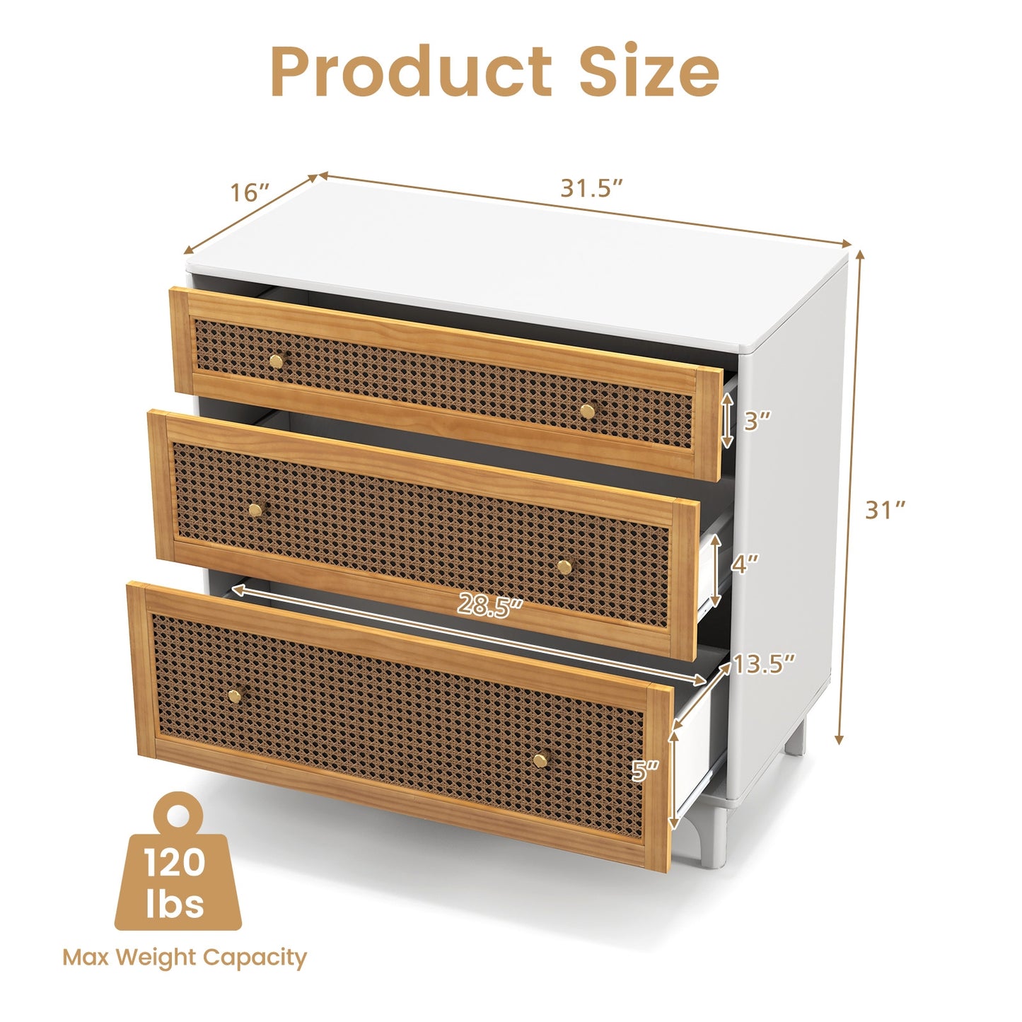 3-Drawer Rattan Dresser Chest with Anti-toppling Device-Brown Kids Crystal