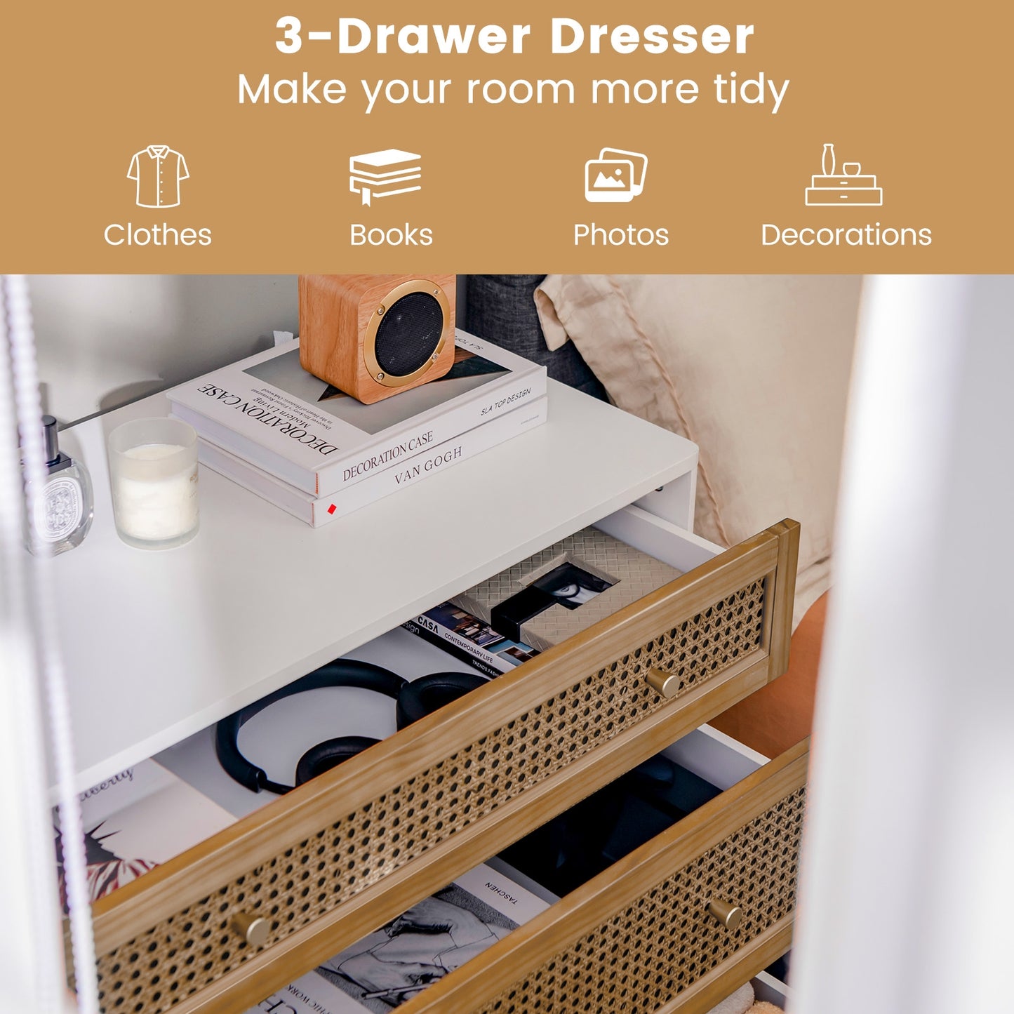 3-Drawer Rattan Dresser Chest with Anti-toppling Device-Brown Kids Crystal