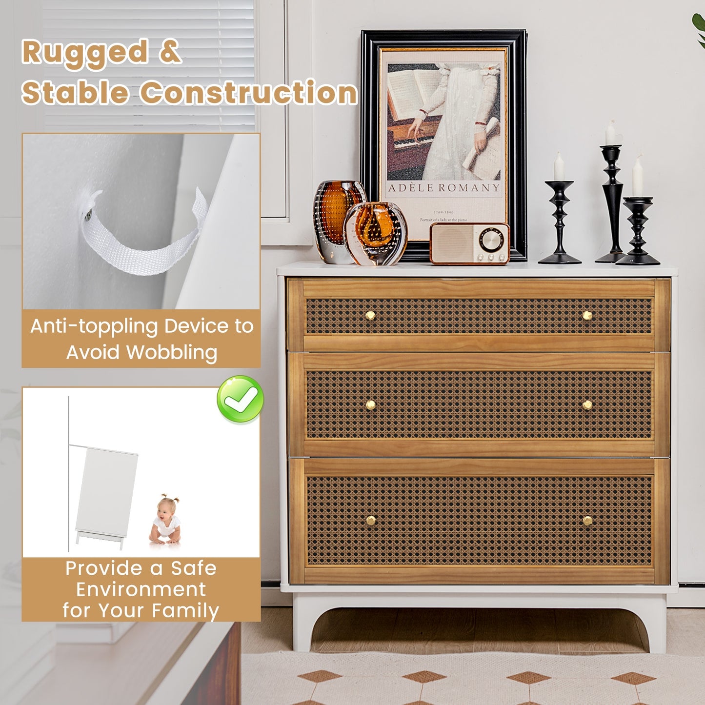 3-Drawer Rattan Dresser Chest with Anti-toppling Device-Brown Kids Crystal