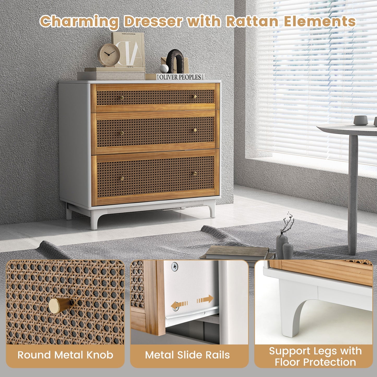 3-Drawer Rattan Dresser Chest with Anti-toppling Device-Brown Kids Crystal