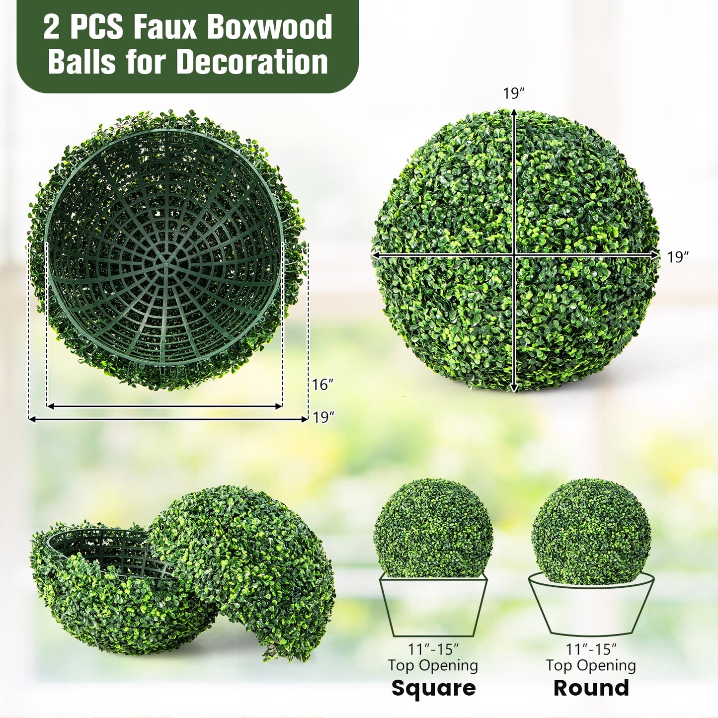2 Pieces 19 Inch Artificial Topiary Balls Faux Boxwood Ball Plants Kids Crystal