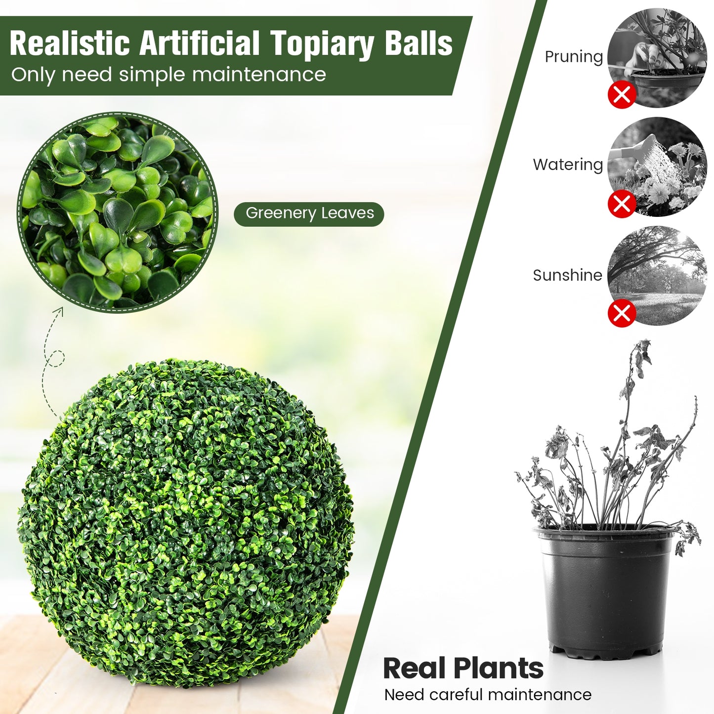 2 Pieces 19 Inch Artificial Topiary Balls Faux Boxwood Ball Plants Kids Crystal