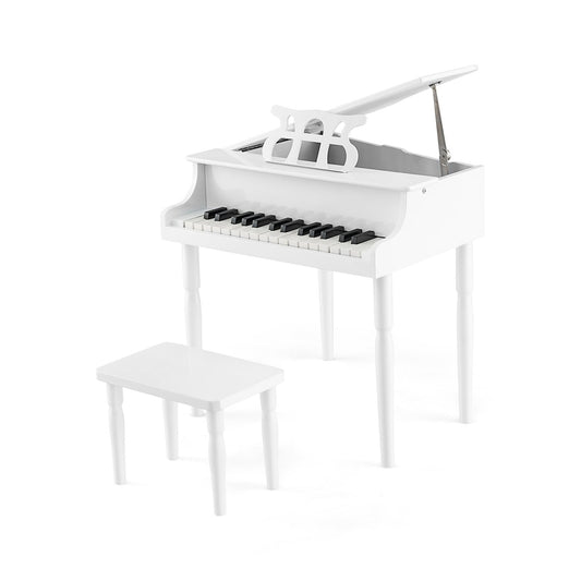 30-Key Wood Toy Kids Grand Piano with Bench and Music Rack-White Kids Crystal