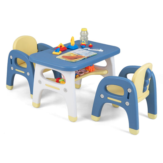 Kids Table and 2 Chairs Set with Storage Shelf and Building Blocks-Blue Kids Crystal