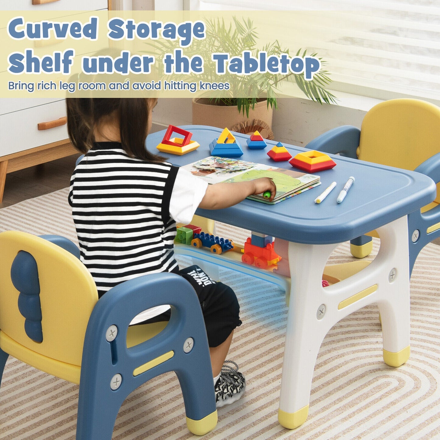 Kids Table and 2 Chairs Set with Storage Shelf and Building Blocks-Blue Kids Crystal