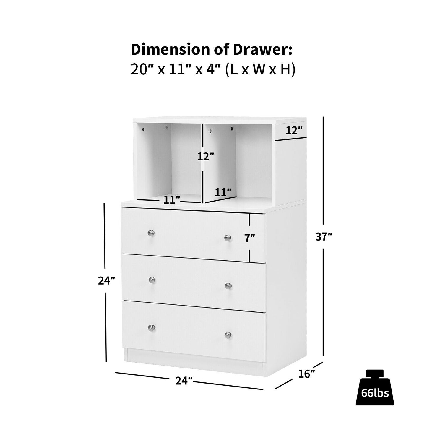 3 Drawer Dresser with Cubbies Storage Chest for Bedroom Living Room-White Kids Crystal