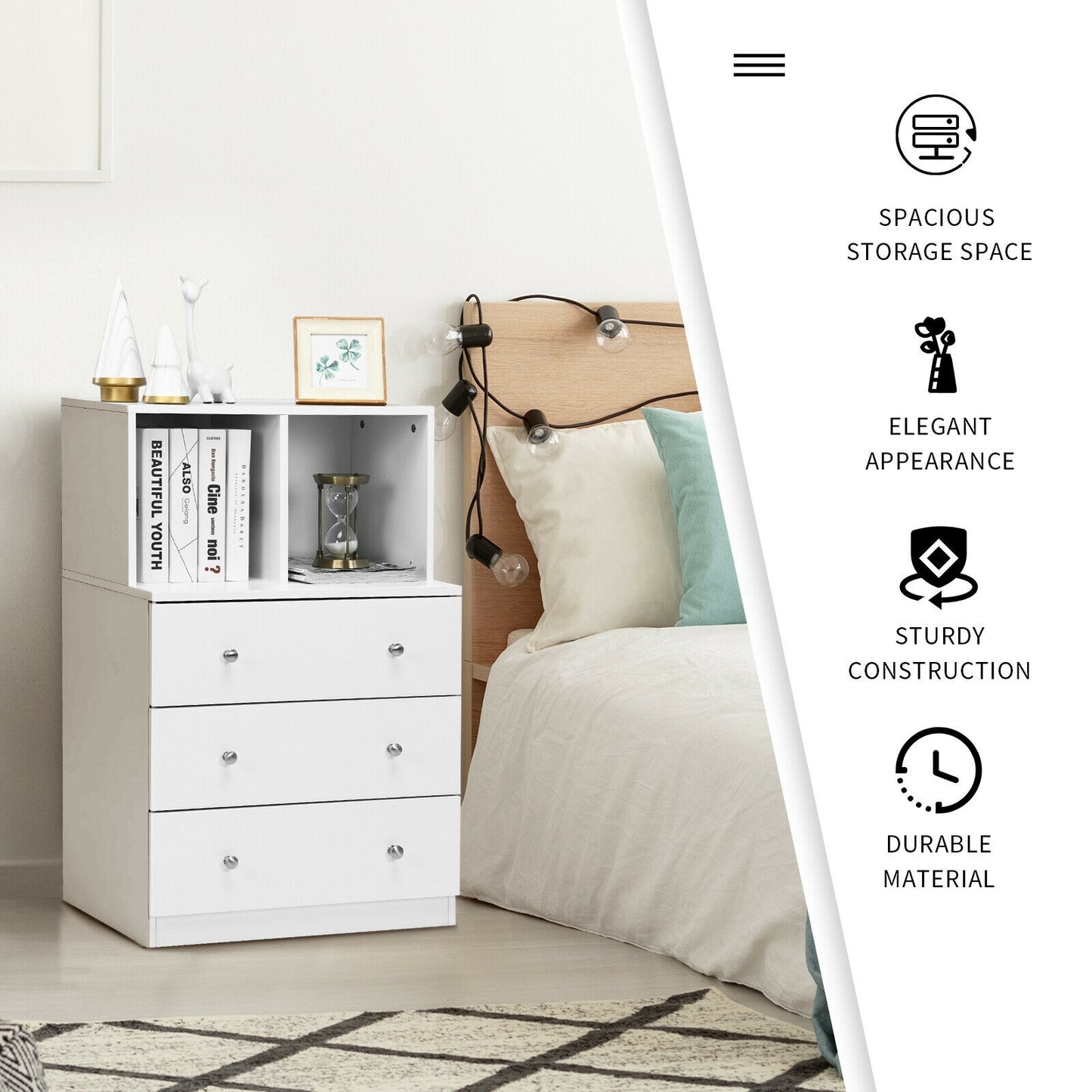 3 Drawer Dresser with Cubbies Storage Chest for Bedroom Living Room-White Kids Crystal