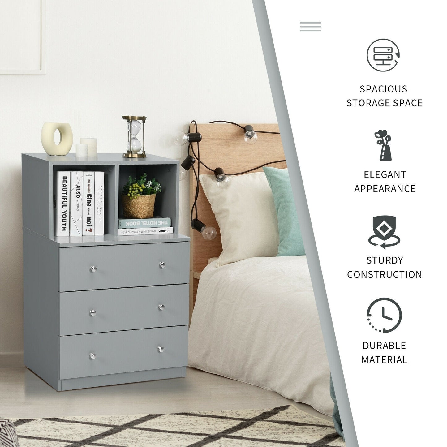 3 Drawer Dresser with Cubbies Storage Chest for Bedroom Living Room-Gray Kids Crystal