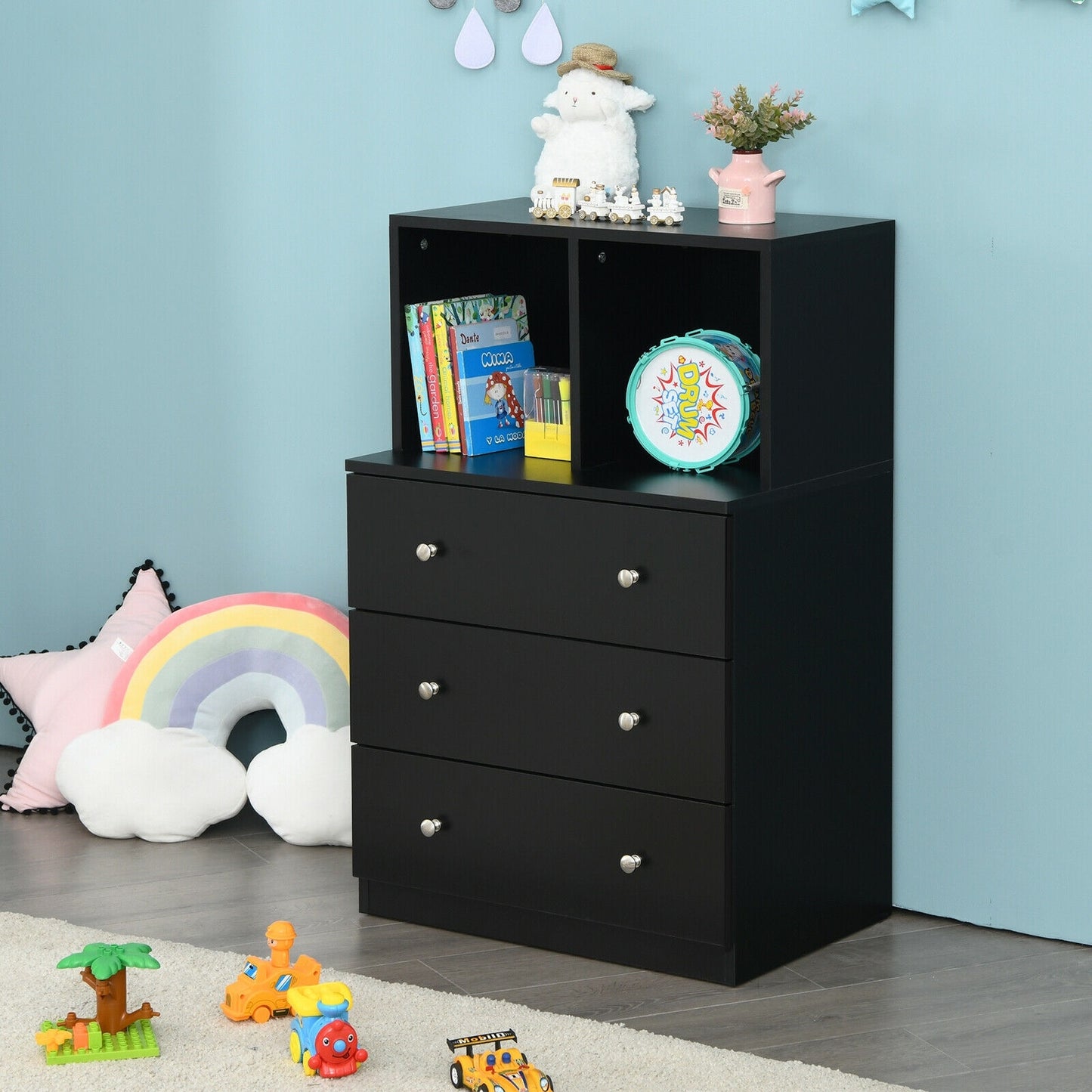 3 Drawer Dresser with Cubbies Storage Chest for Bedroom Living Room-Black Kids Crystal