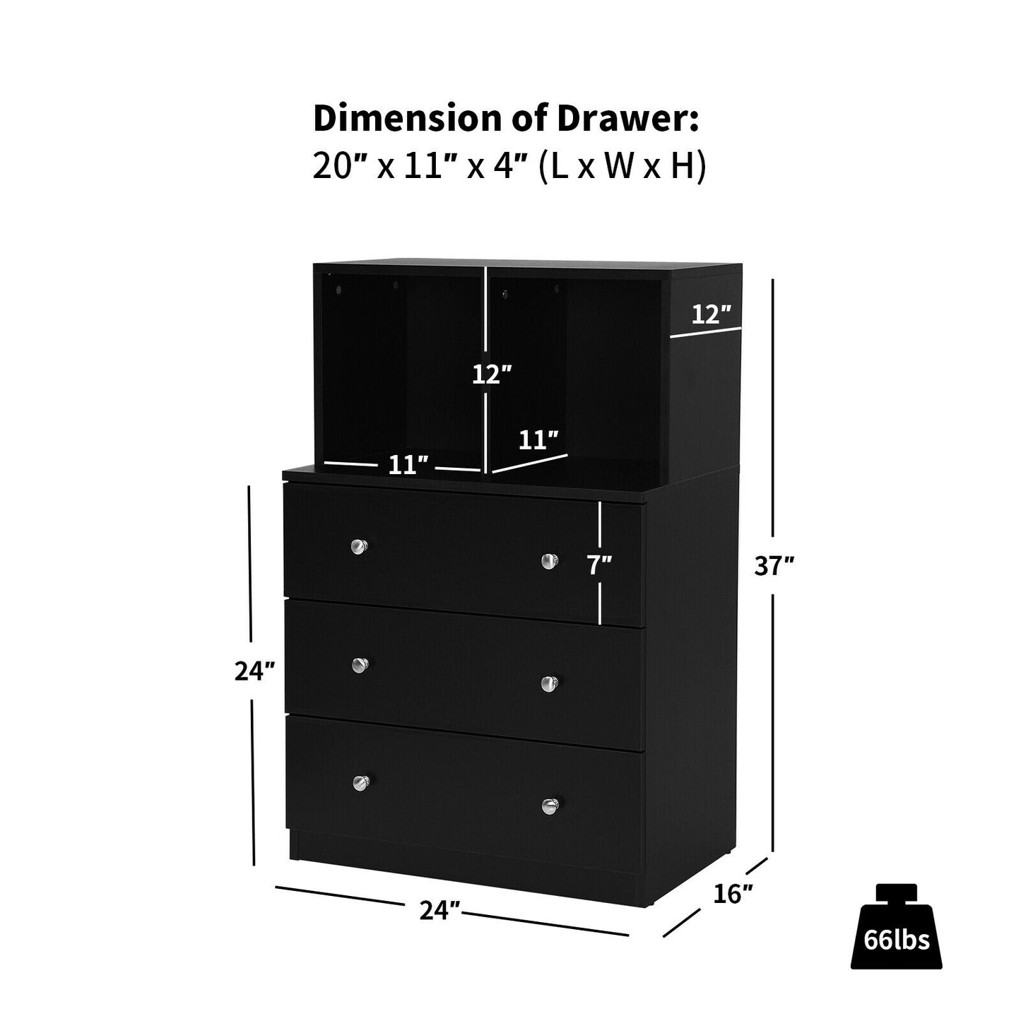 3 Drawer Dresser with Cubbies Storage Chest for Bedroom Living Room-Black Kids Crystal