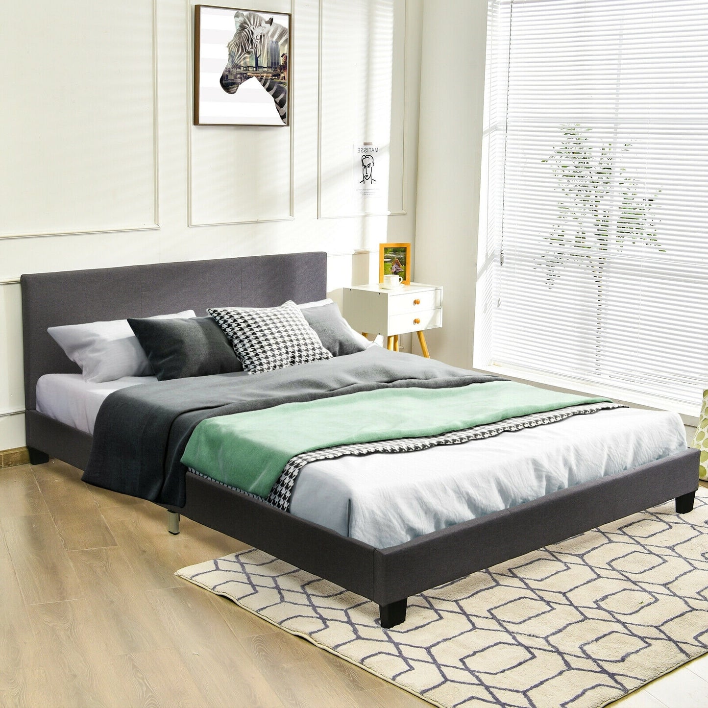 Full Upholstered Platform Bed Frame with Headboard Wood Slat-Gray Kids Crystal