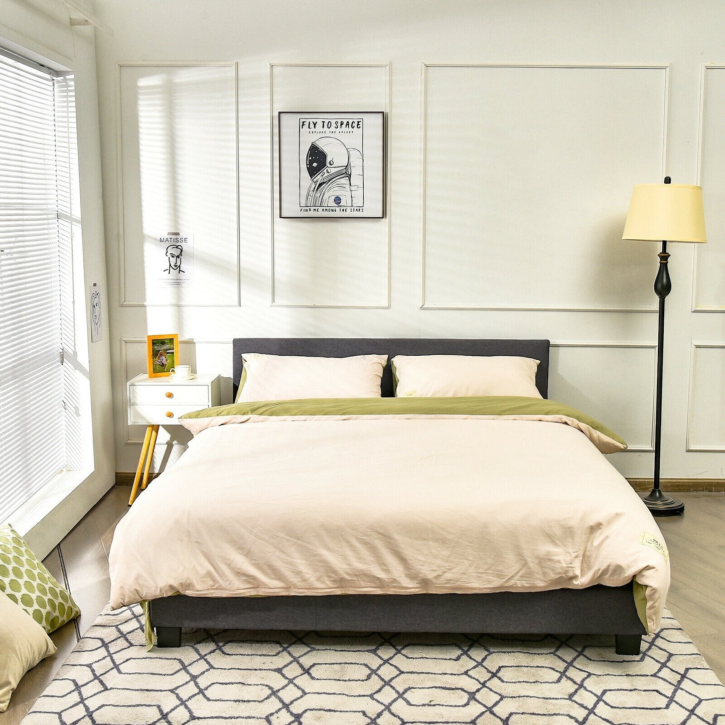 Full Upholstered Platform Bed Frame with Headboard Wood Slat-Gray Kids Crystal