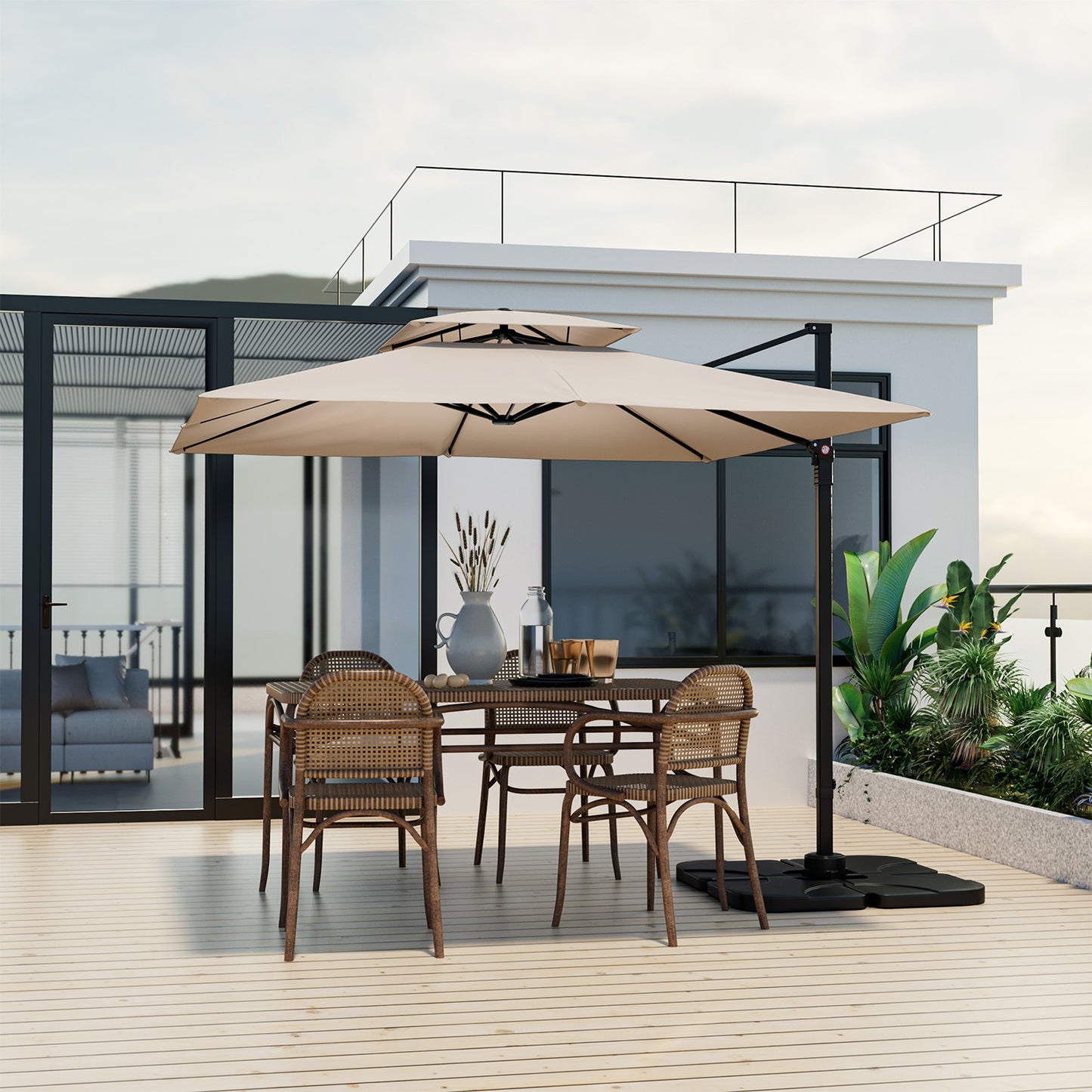 9.5 Feet Cantilever Patio Umbrella with 360° Rotation and Double Top-Beige Kids Crystal