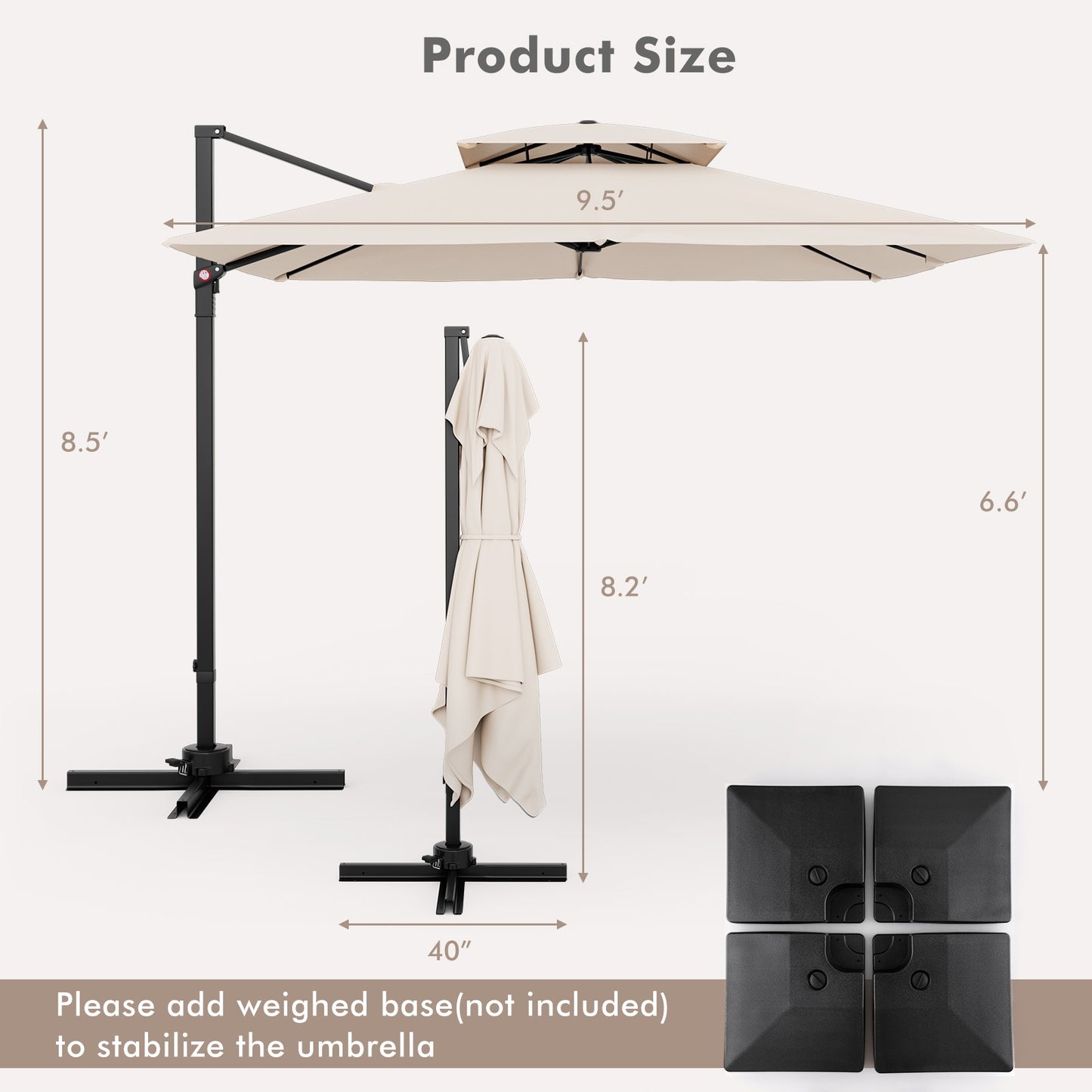 9.5 Feet Cantilever Patio Umbrella with 360° Rotation and Double Top-Beige Kids Crystal
