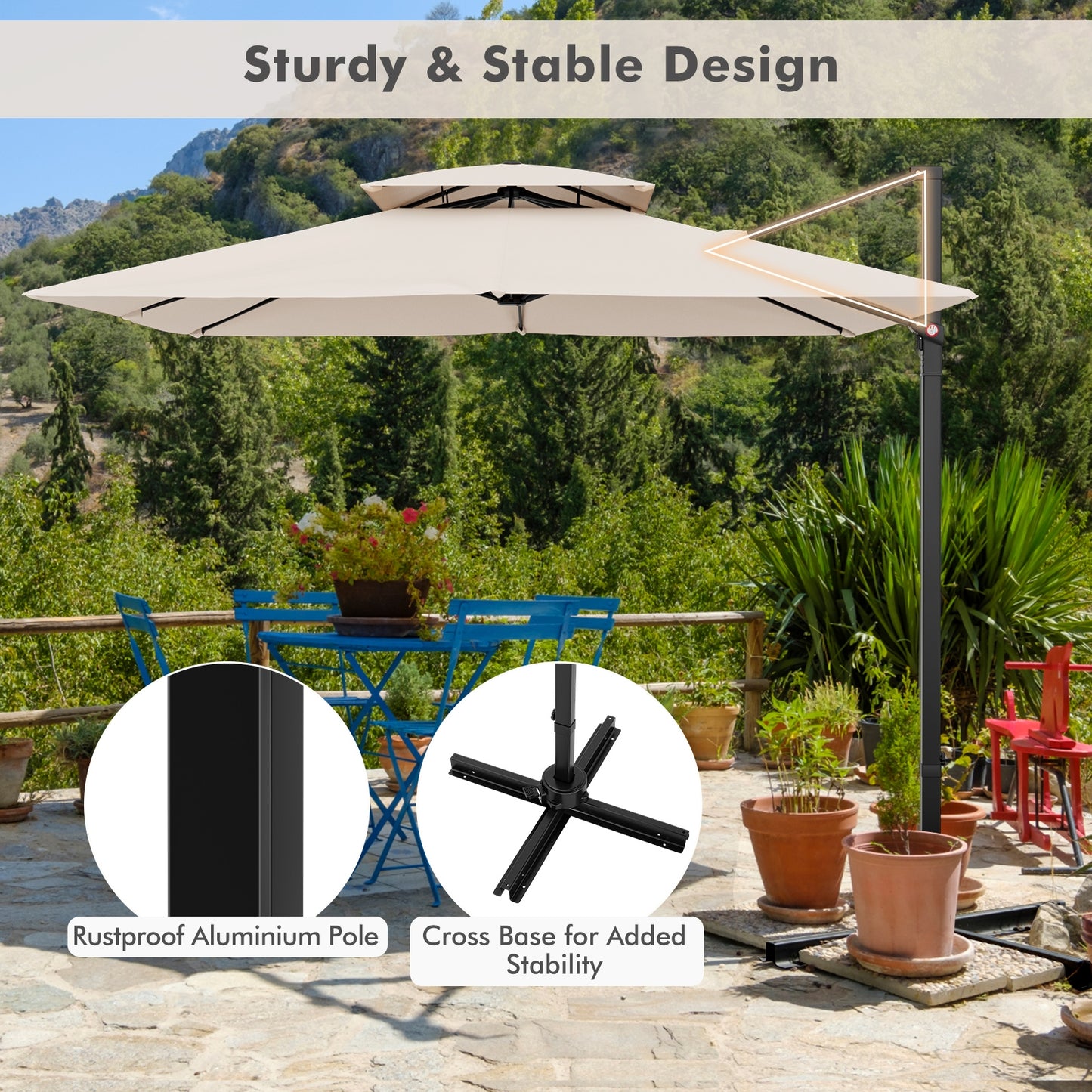 9.5 Feet Cantilever Patio Umbrella with 360° Rotation and Double Top-Beige Kids Crystal