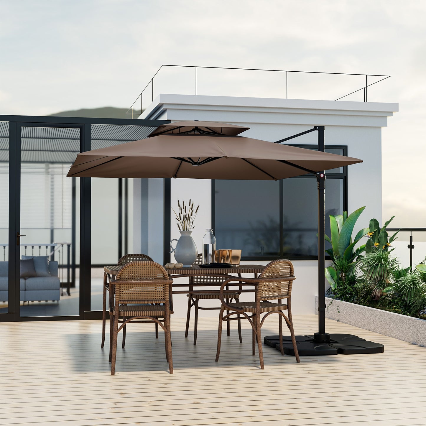 9.5 Feet Cantilever Patio Umbrella with 360° Rotation and Double Top-Coffee Kids Crystal