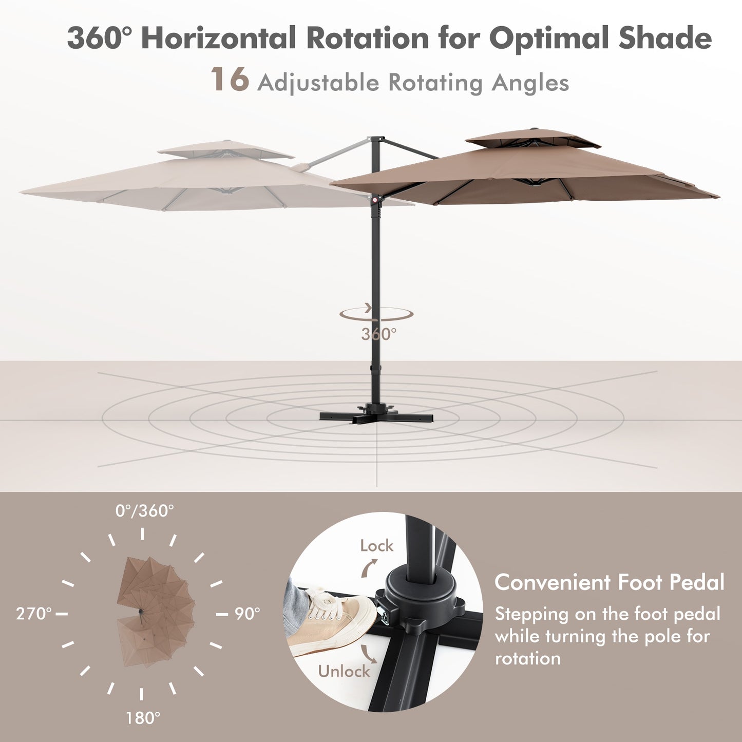 9.5 Feet Cantilever Patio Umbrella with 360° Rotation and Double Top-Coffee Kids Crystal
