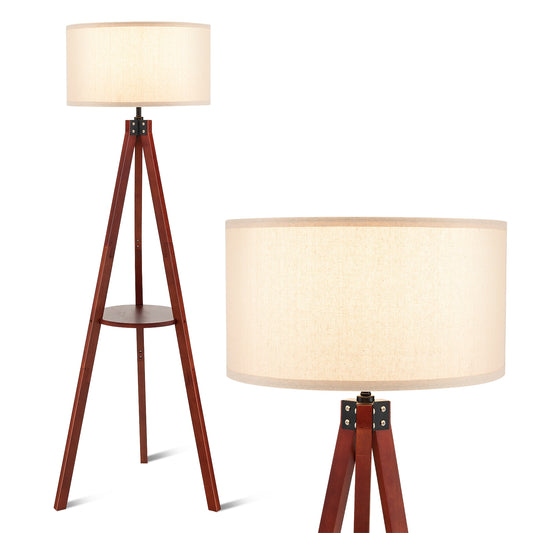 Tripod Floor Lamp Wood Standing Lamp with Flaxen Lamp Shade and E26 Lamp Base-Brown