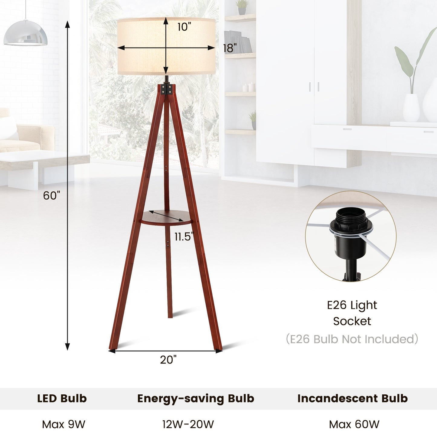 Tripod Floor Lamp Wood Standing Lamp with Flaxen Lamp Shade and E26 Lamp Base-Brown Kids Crystal