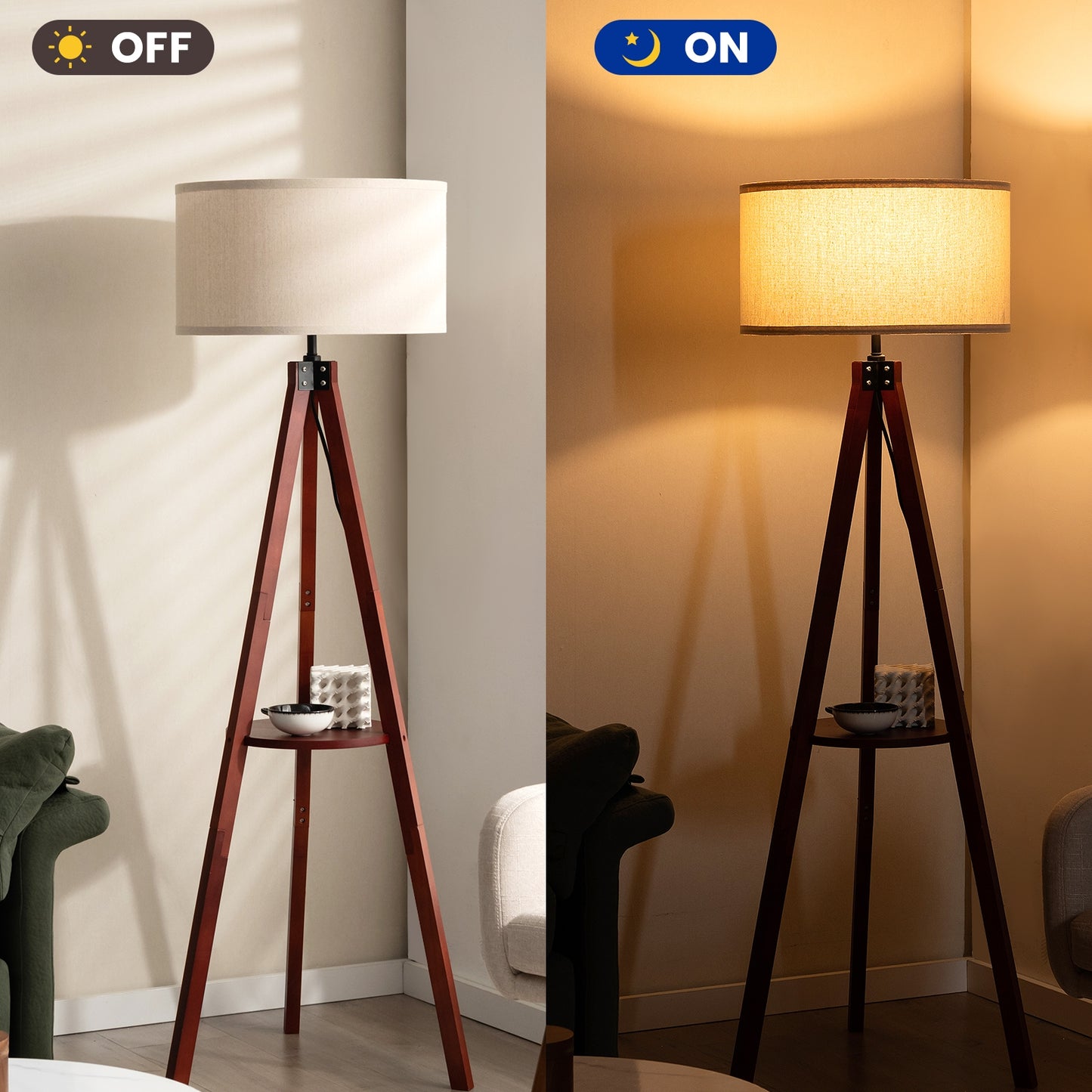 Tripod Floor Lamp Wood Standing Lamp with Flaxen Lamp Shade and E26 Lamp Base-Brown Kids Crystal