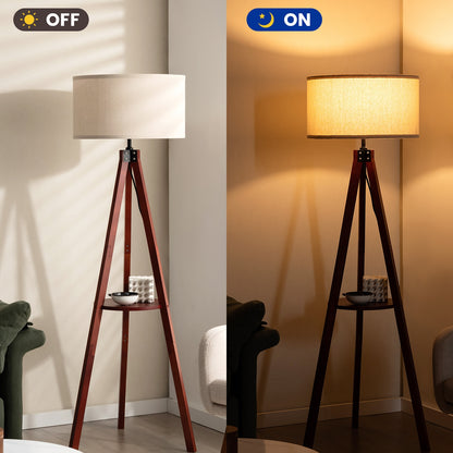 Tripod Floor Lamp Wood Standing Lamp with Flaxen Lamp Shade and E26 Lamp Base-Brown