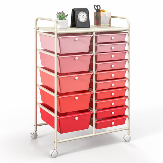 15-Drawer Utility Rolling Organizer Cart Multi-Use Storage-Pink Kids Crystal