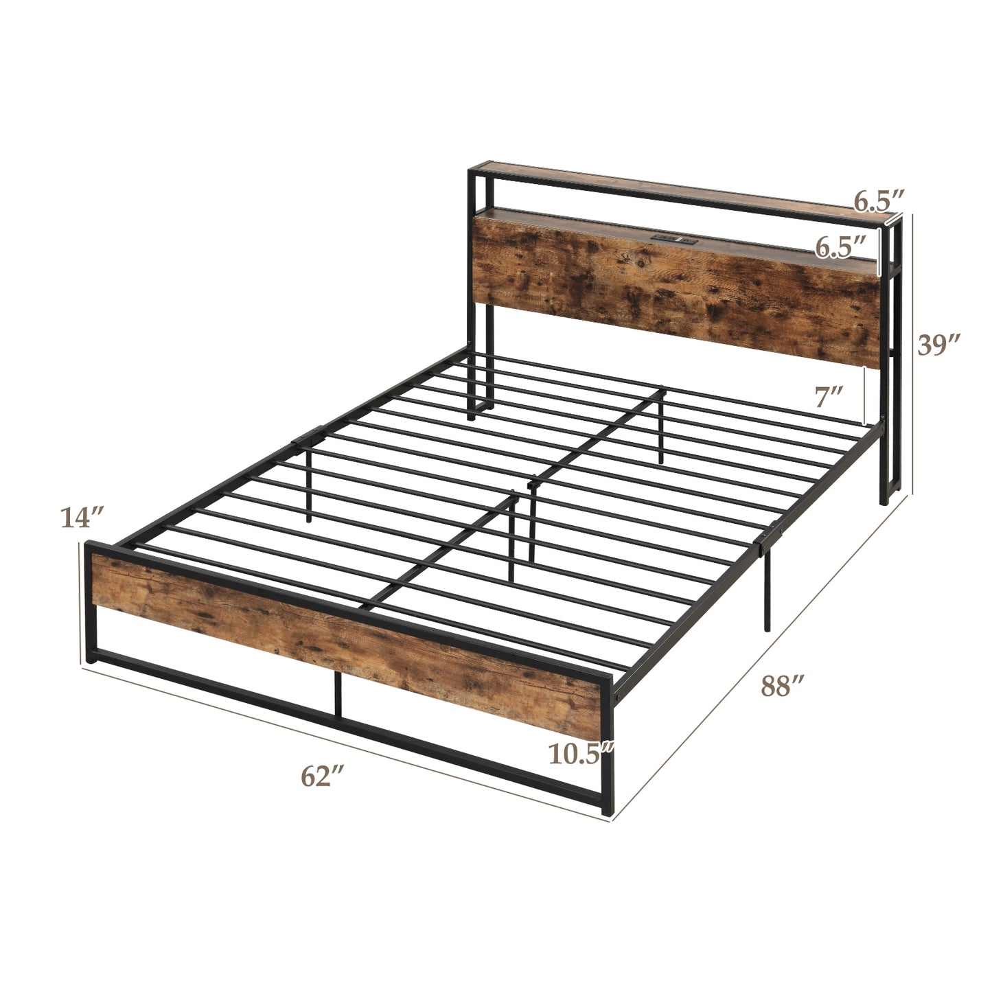Full/Queen Bed Frame with 2-Tier Storage Headboard and Charging Station-Queen Size Kids Crystal