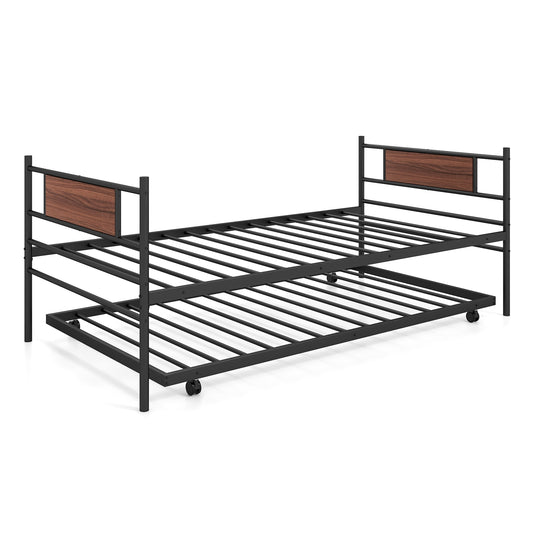 Twin Size Metal Daybed with Trundle and Wood Grain Headboard Kids Crystal