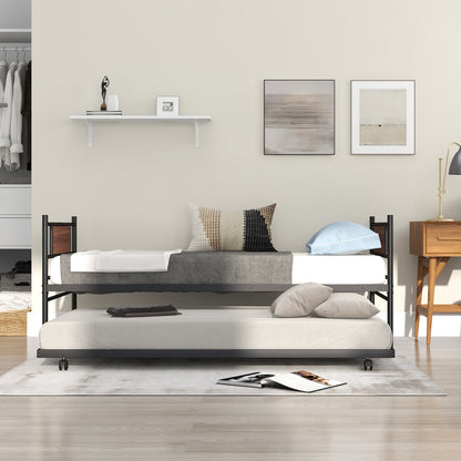 Twin Size Metal Daybed with Trundle and Wood Grain Headboard