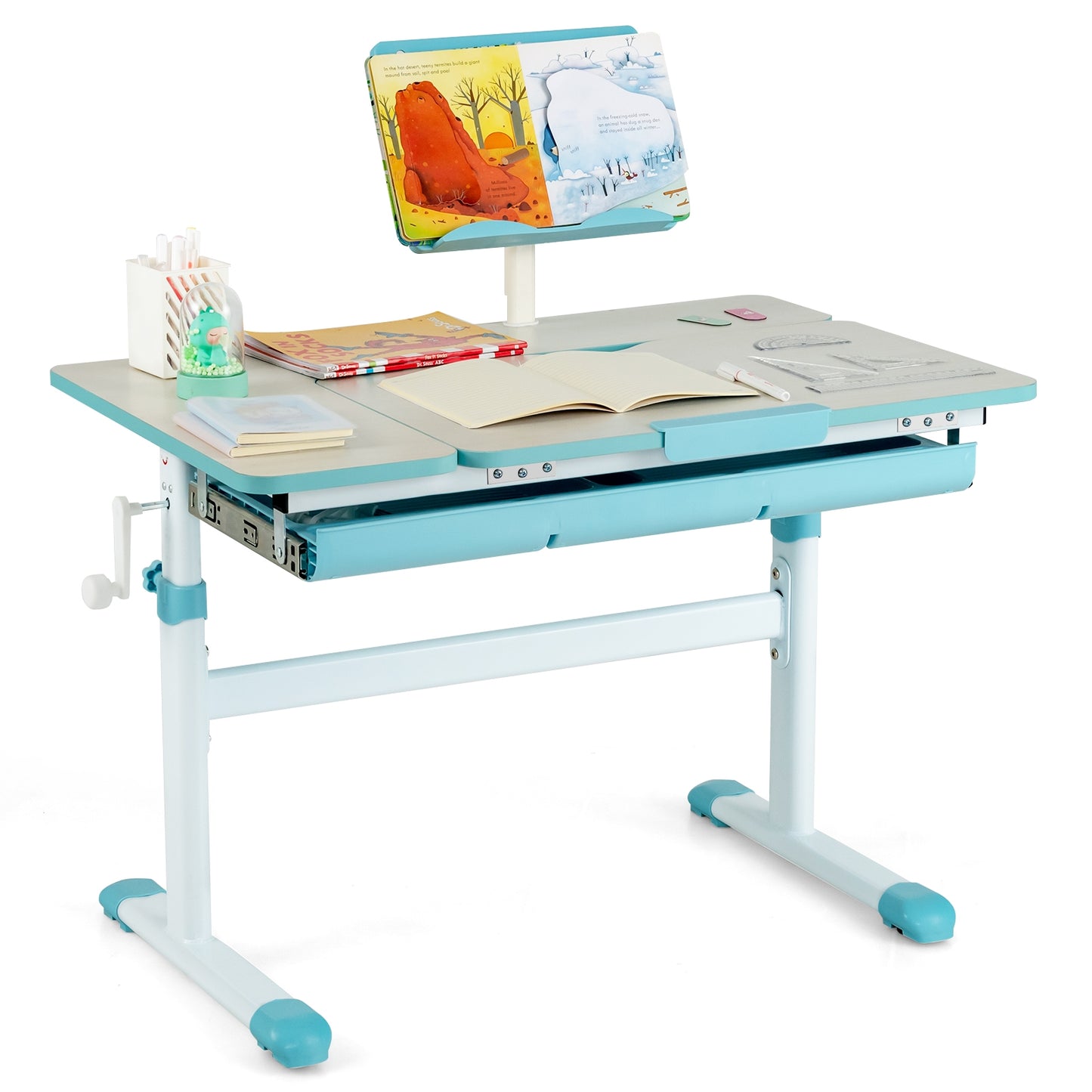 Height-Adjustable Kids Desk with Tilt Desktop and Book Stand-Blue Kids Crystal