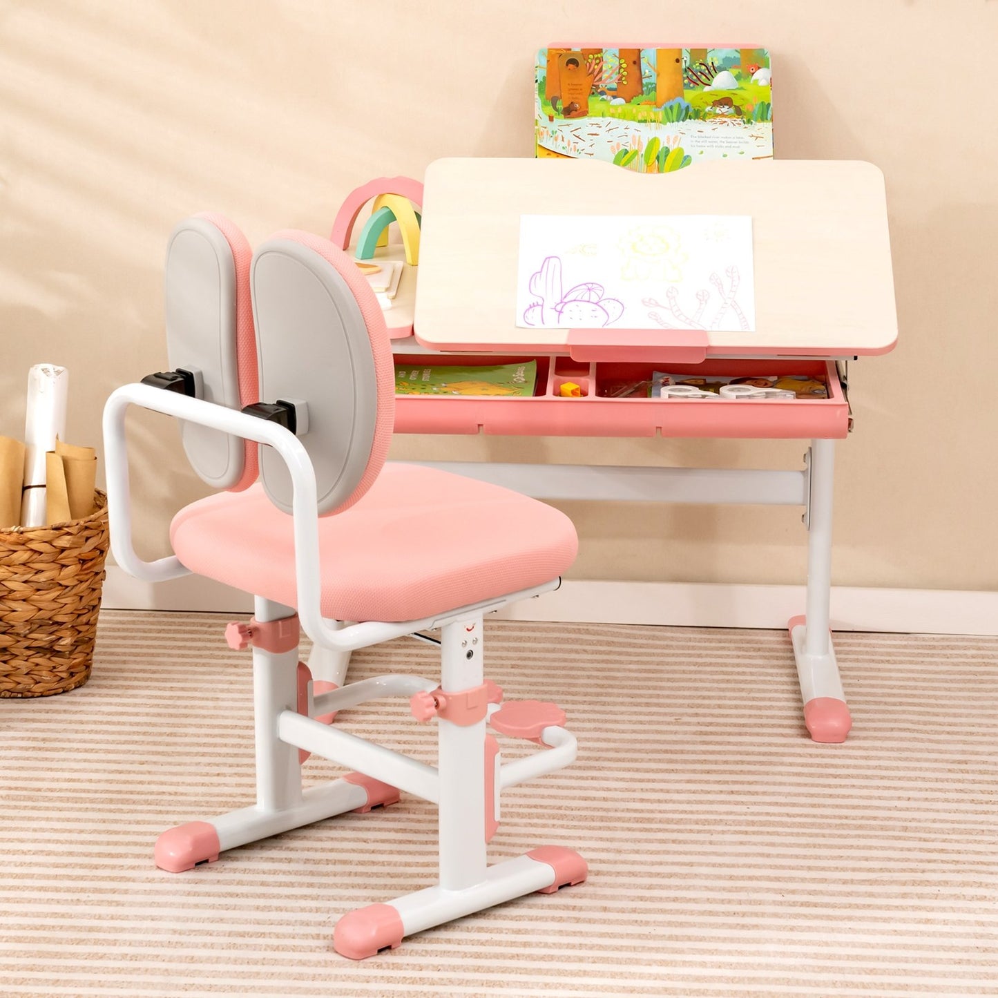 Height-Adjustable Kid's Study Desk and Chair Set-Pink Kids Crystal