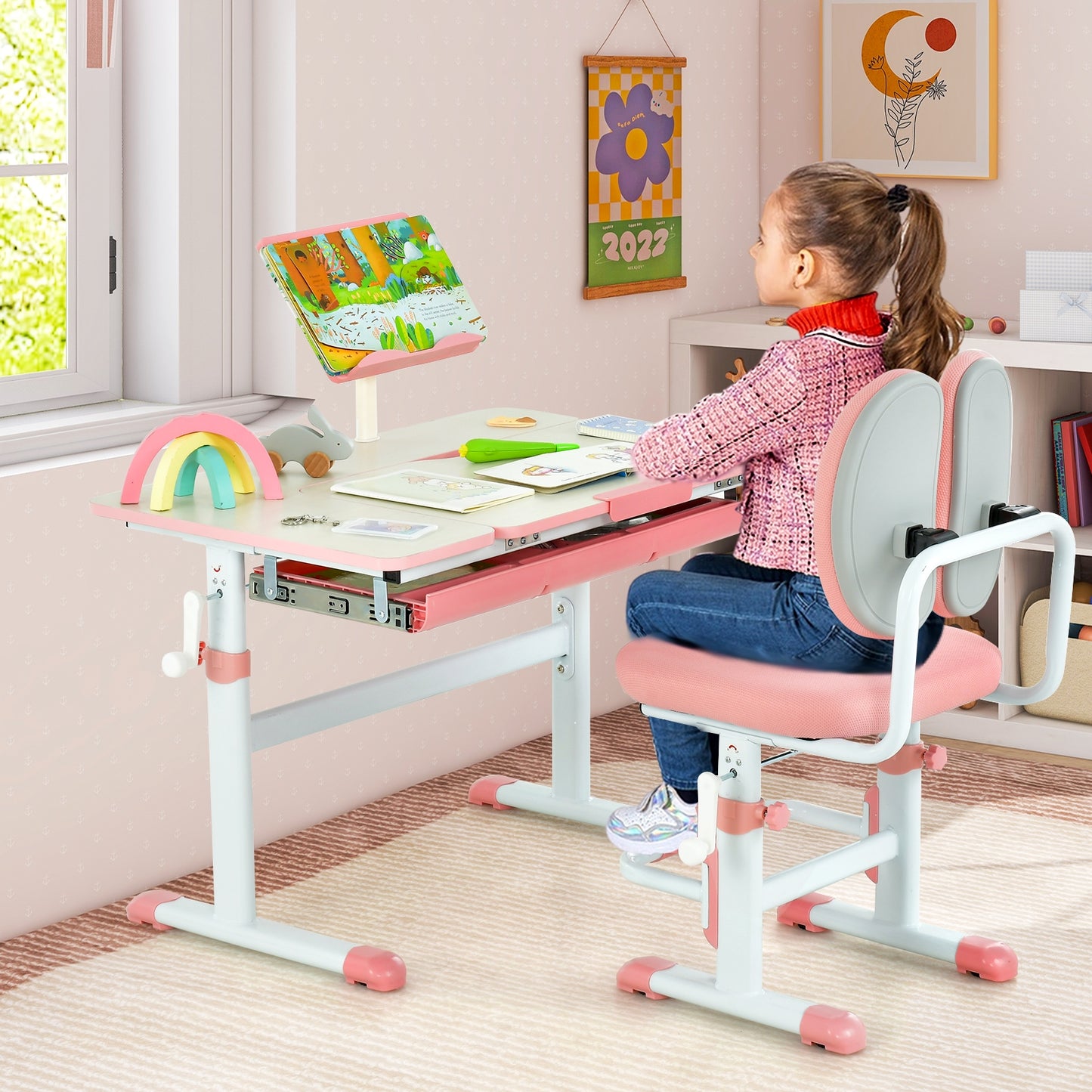 Height-Adjustable Kid's Study Desk and Chair Set-Pink Kids Crystal