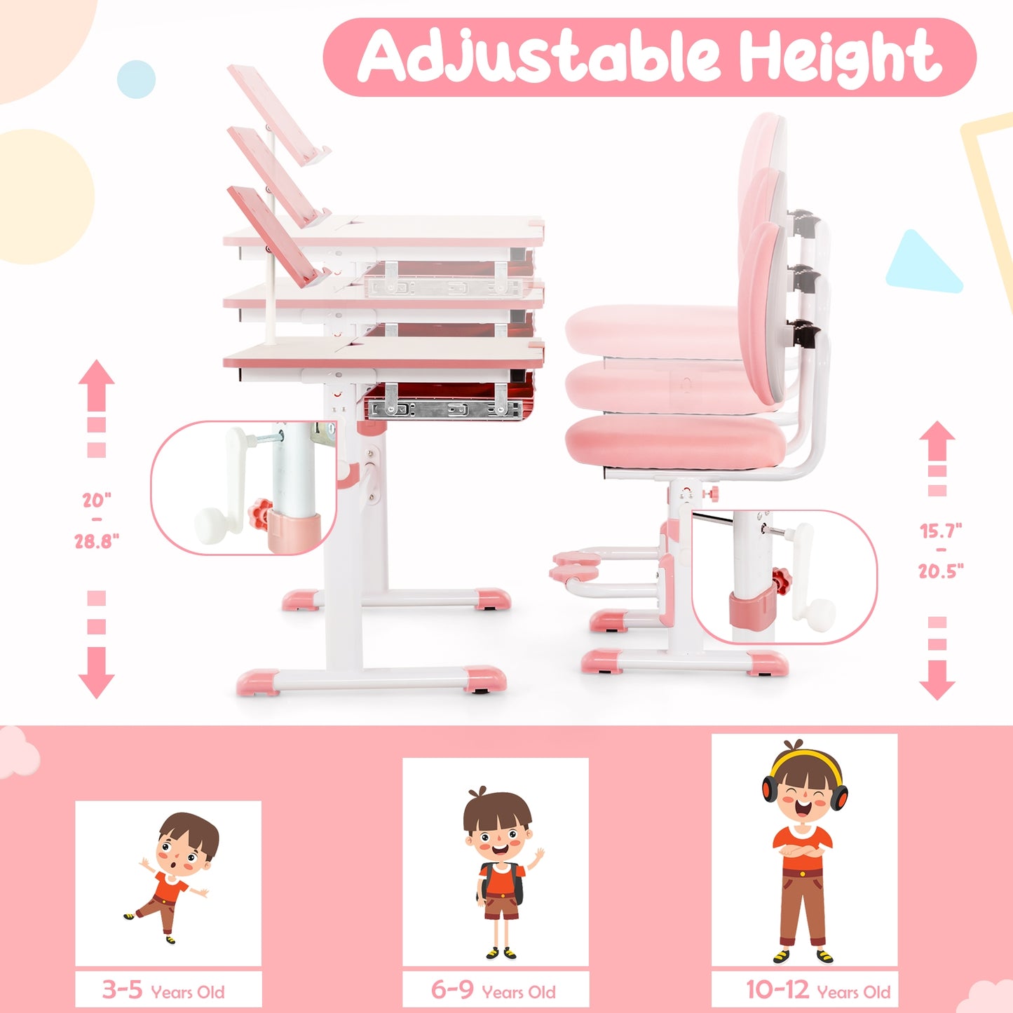 Height-Adjustable Kid's Study Desk and Chair Set-Pink Kids Crystal