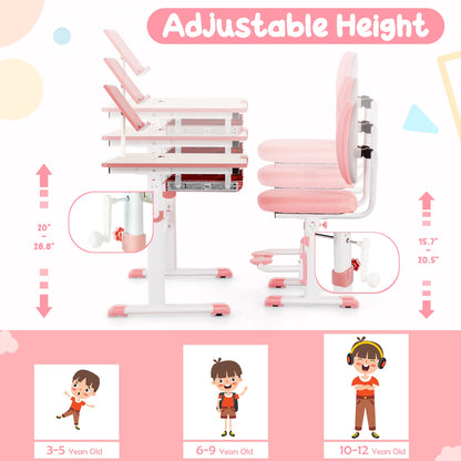 Height-Adjustable Kid's Study Desk and Chair Set-Pink