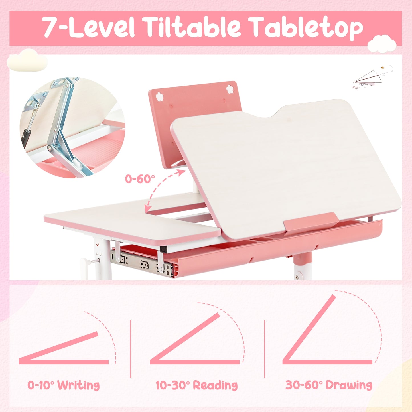 Height-Adjustable Kid's Study Desk and Chair Set-Pink Kids Crystal