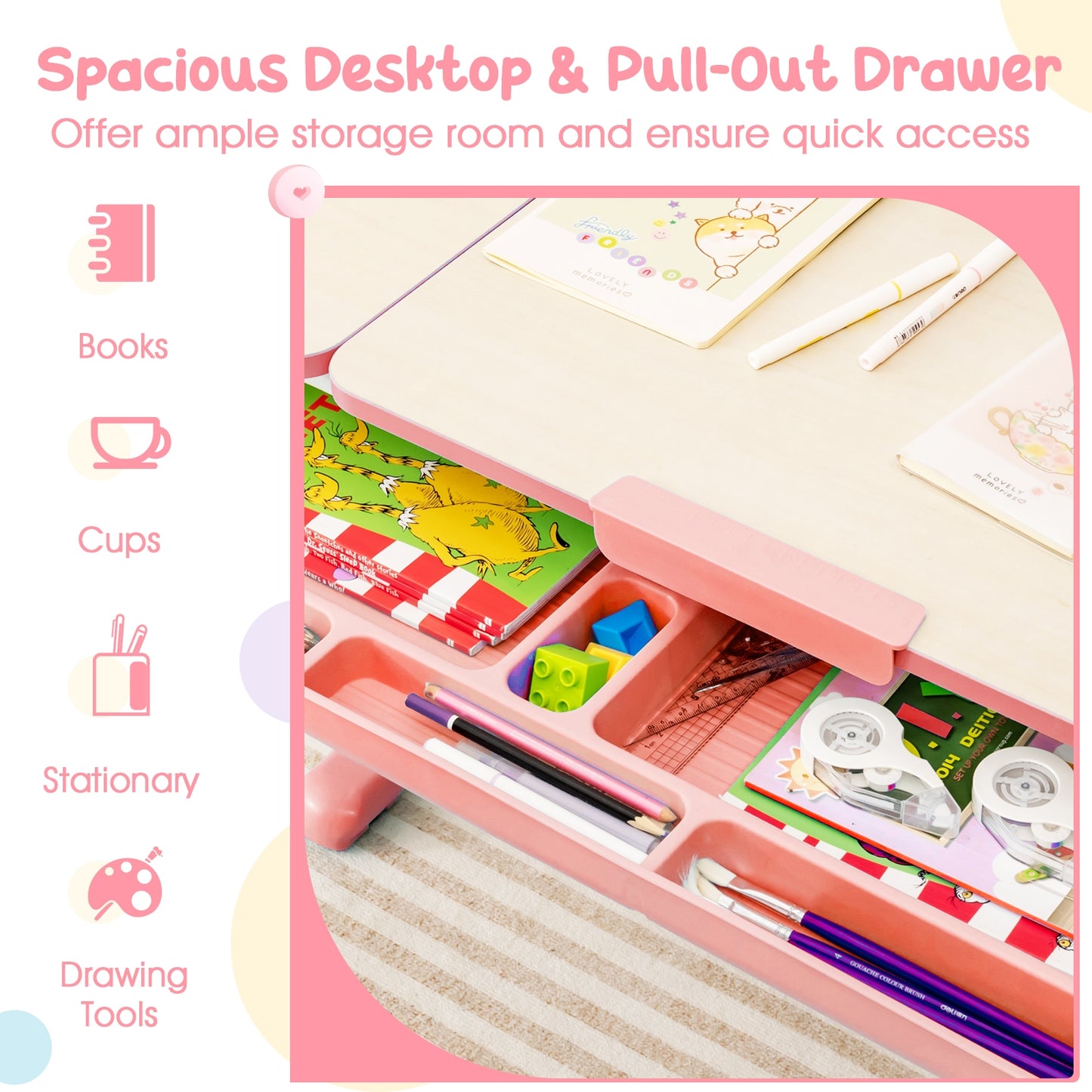 Height-Adjustable Kid's Study Desk and Chair Set-Pink Kids Crystal