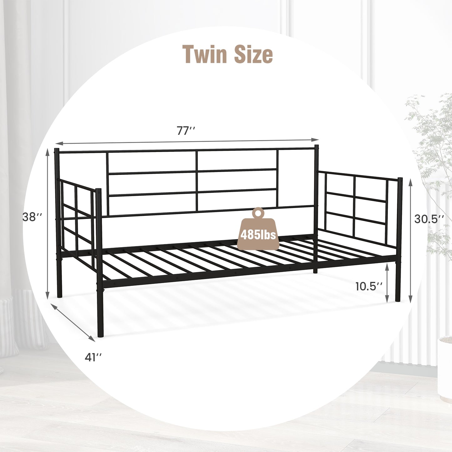 Twin Size Metal Daybed Sofa Bed Frame with Armrests and Backrest Kids Crystal