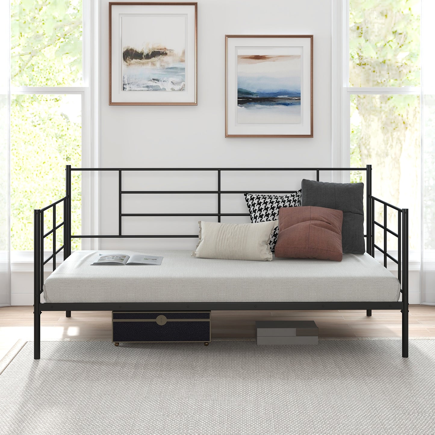 Twin Size Metal Daybed Sofa Bed Frame with Armrests and Backrest Kids Crystal