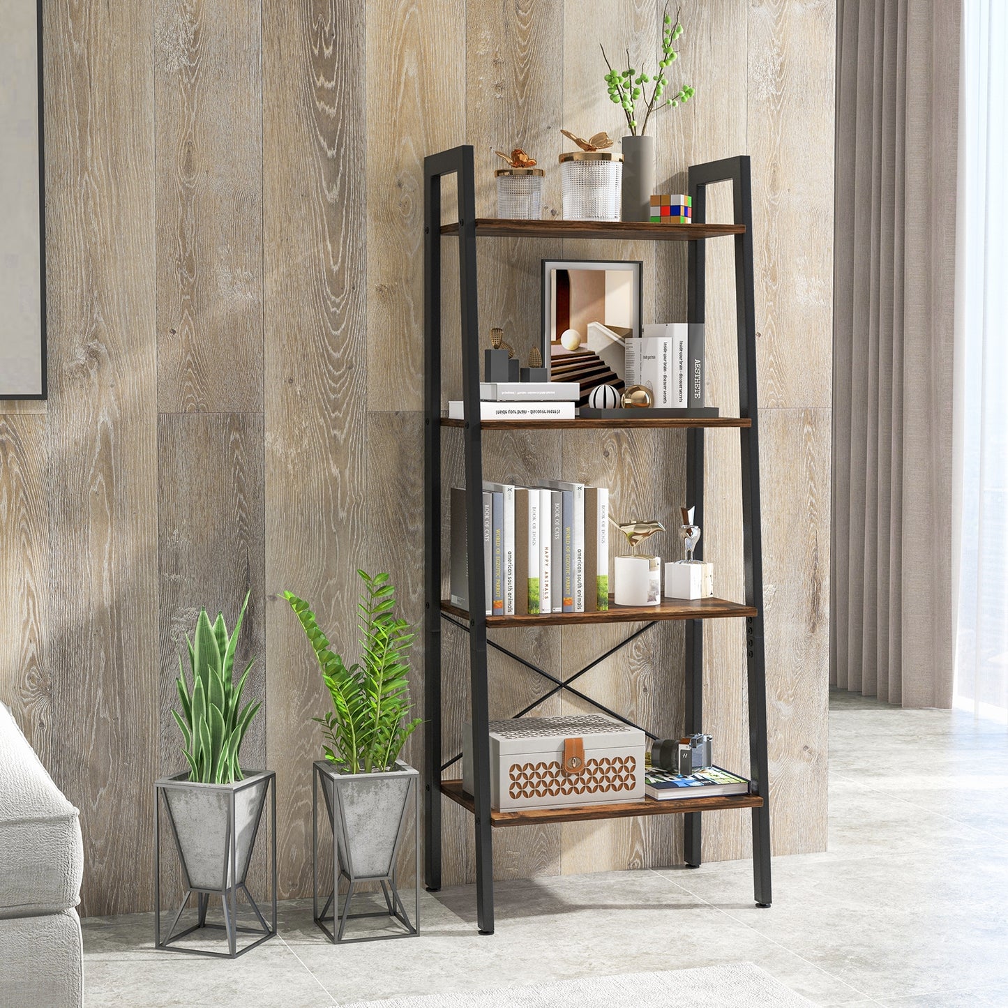 4-Tier Bookshelf with Metal Frame and Adjustable Foot Pads-Rustic Brown Kids Crystal