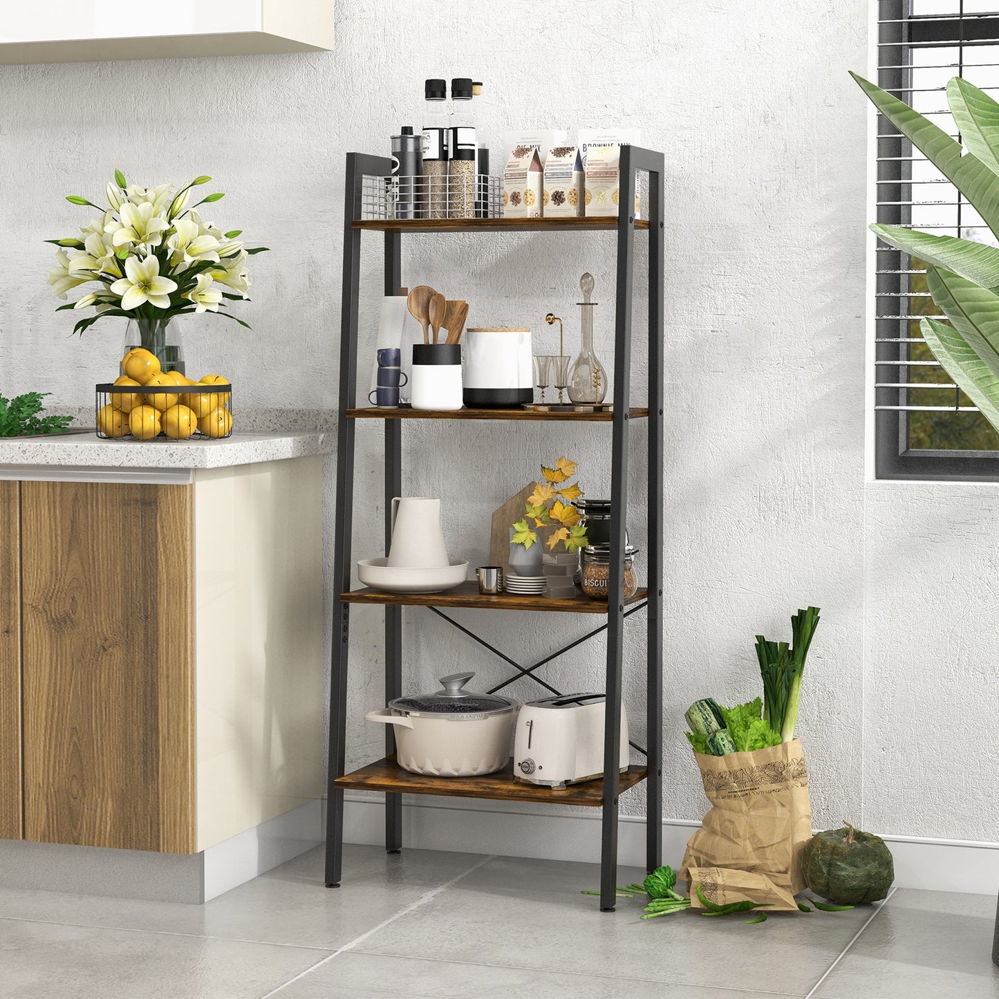 4-Tier Bookshelf with Metal Frame and Adjustable Foot Pads-Rustic Brown Kids Crystal