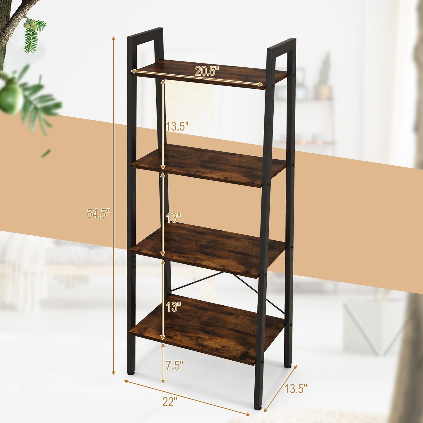 4-Tier Bookshelf with Metal Frame and Adjustable Foot Pads-Rustic Brown Kids Crystal