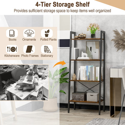 4-Tier Bookshelf with Metal Frame and Adjustable Foot Pads-Rustic Brown