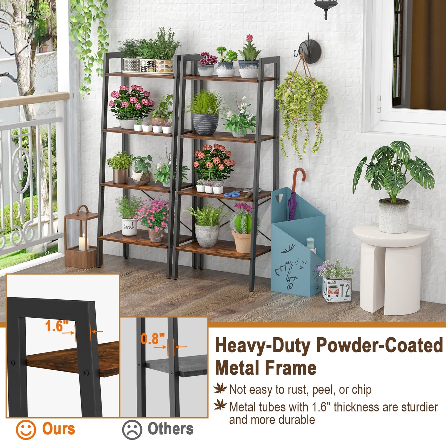 4-Tier Bookshelf with Metal Frame and Adjustable Foot Pads-Rustic Brown Kids Crystal