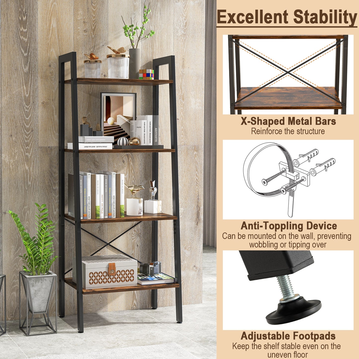 4-Tier Bookshelf with Metal Frame and Adjustable Foot Pads-Rustic Brown Kids Crystal