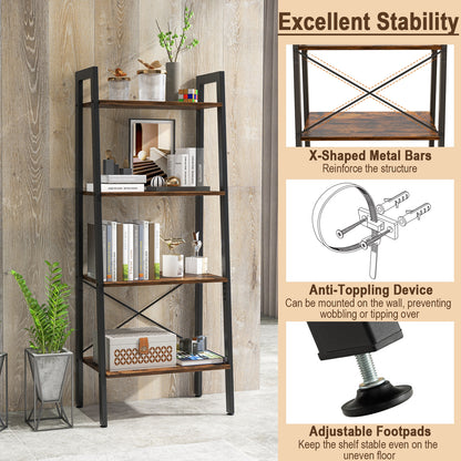 4-Tier Bookshelf with Metal Frame and Adjustable Foot Pads-Rustic Brown
