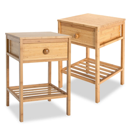 Set of 2 Bamboo End Tables with Drawer and Open Shelf-Natural