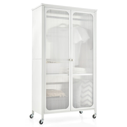 Rolling Storage Armoire Closet with Hanging Rod and Adjustable Shelf-White Kids Crystal