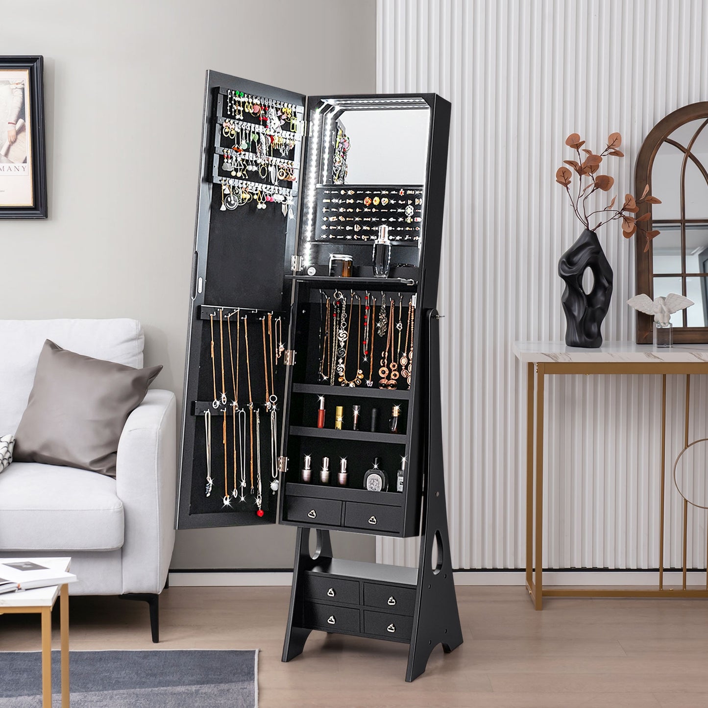 Freestanding Full Length LED Mirrored Jewelry Armoire with 6 Drawers-Black Kids Crystal