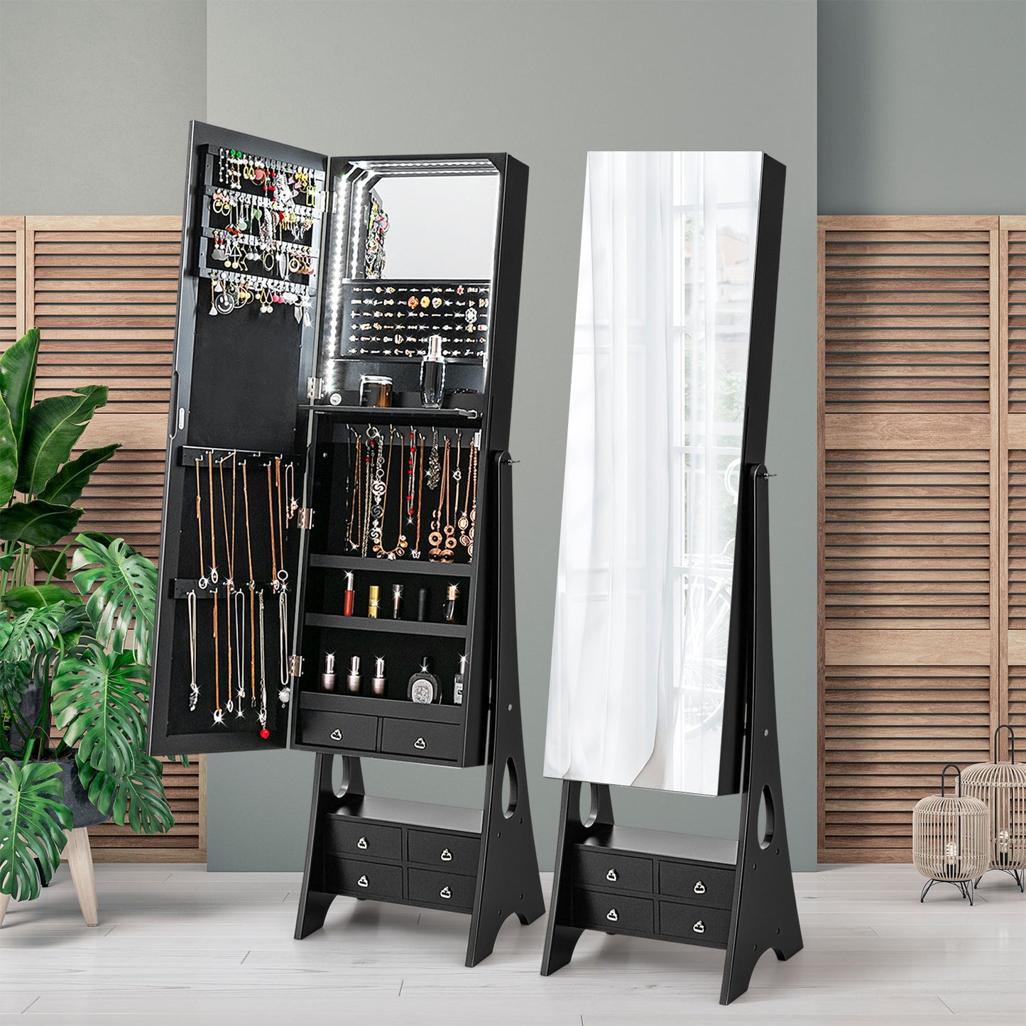Freestanding Full Length LED Mirrored Jewelry Armoire with 6 Drawers-Black Kids Crystal