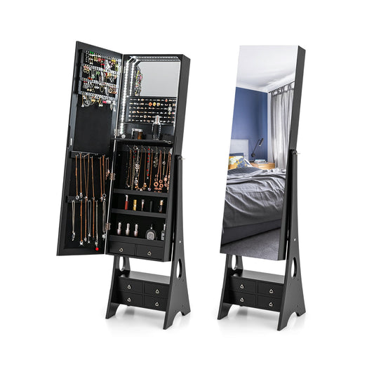 Freestanding Full Length LED Mirrored Jewelry Armoire with 6 Drawers-Black Kids Crystal